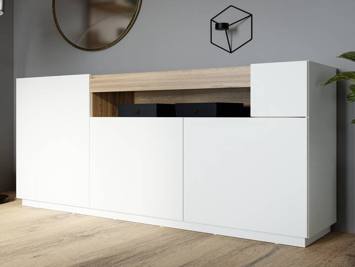 LENNOX Sideboard, Material Dekorspanplatte, lichtgrau/Valencia Oak Dekor 