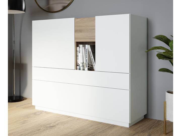 LENNOX Highboard, Material Dekorspanplatte,  lichtgrau/Valencia Oak Dekor 