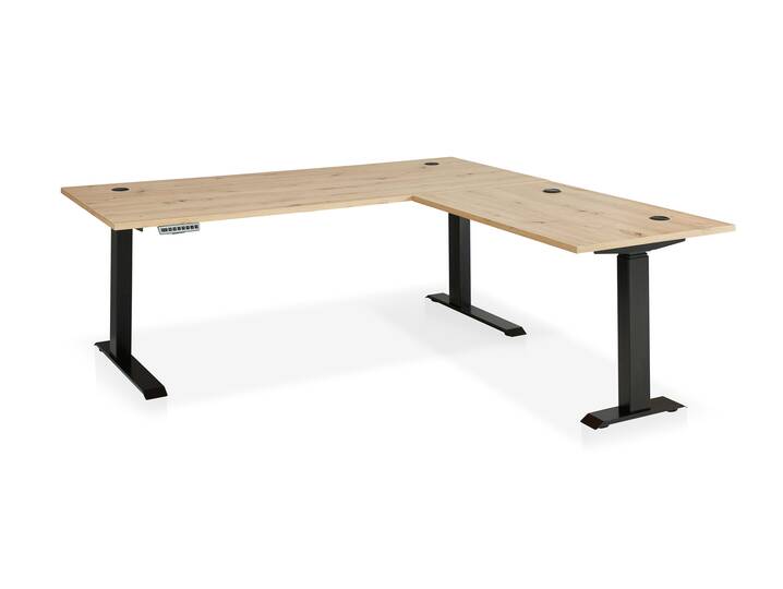 MAILAND höhenverstallbarer Eckschreibtisch, Material Dekorspanplatte, weiß/eichefarbig
