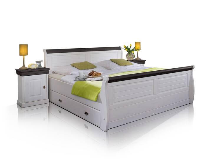ROMAN Massivholzbett Kiefer weiss 100 x 200 | weiss/colonial | mit Bettkasten