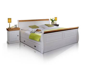 ROMAN Massivholzbett Kiefer weiss 100 x 200 | weiss/honig | mit Bettkasten