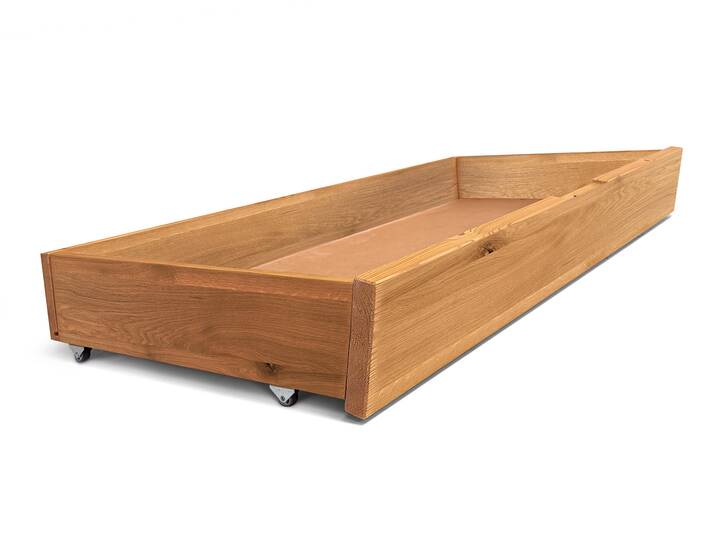 DAKONA Bettschublade groß auf Rollen, Material Massivholz, schräg