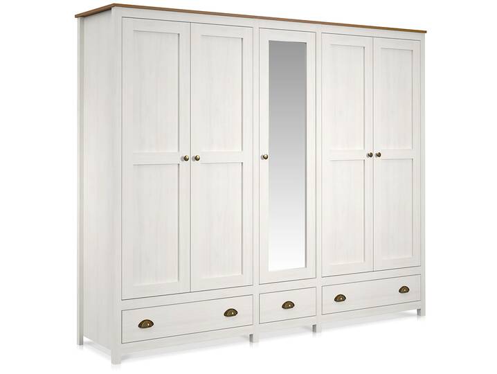 TRICO Kleiderschrank / Drehtürenschrank, Material Massivholz, Kiefer weiss/eichefarbig 5-türig