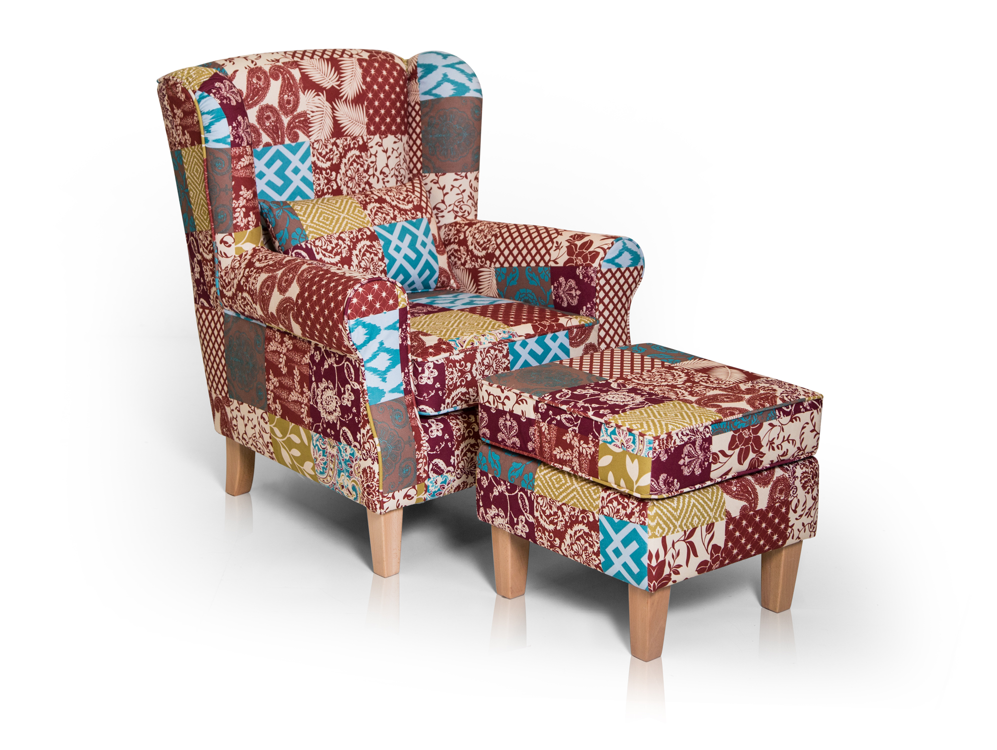 Willy Ohrensessel + Hocker, Material Stoff Patchwork bunt