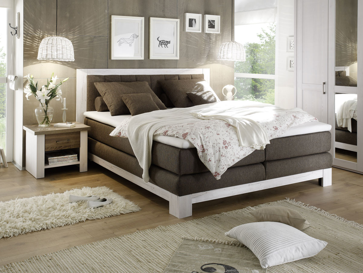 Braun Weiß Schlafzimmer NOAH I Boxspringbett 180x200 cm Pinie weiß/braun