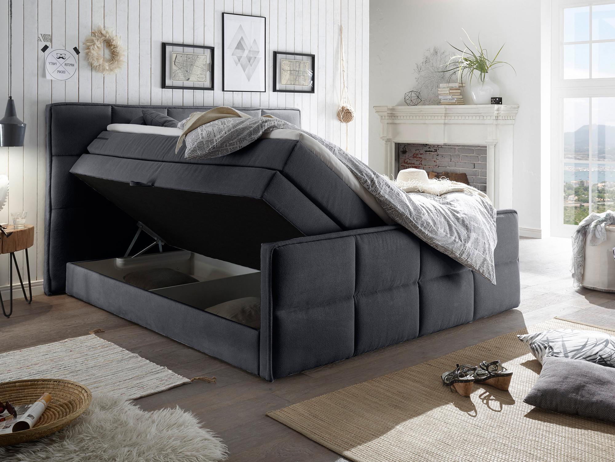 ALAN Boxspringbett/Doppelbett mit Bettkasten grau