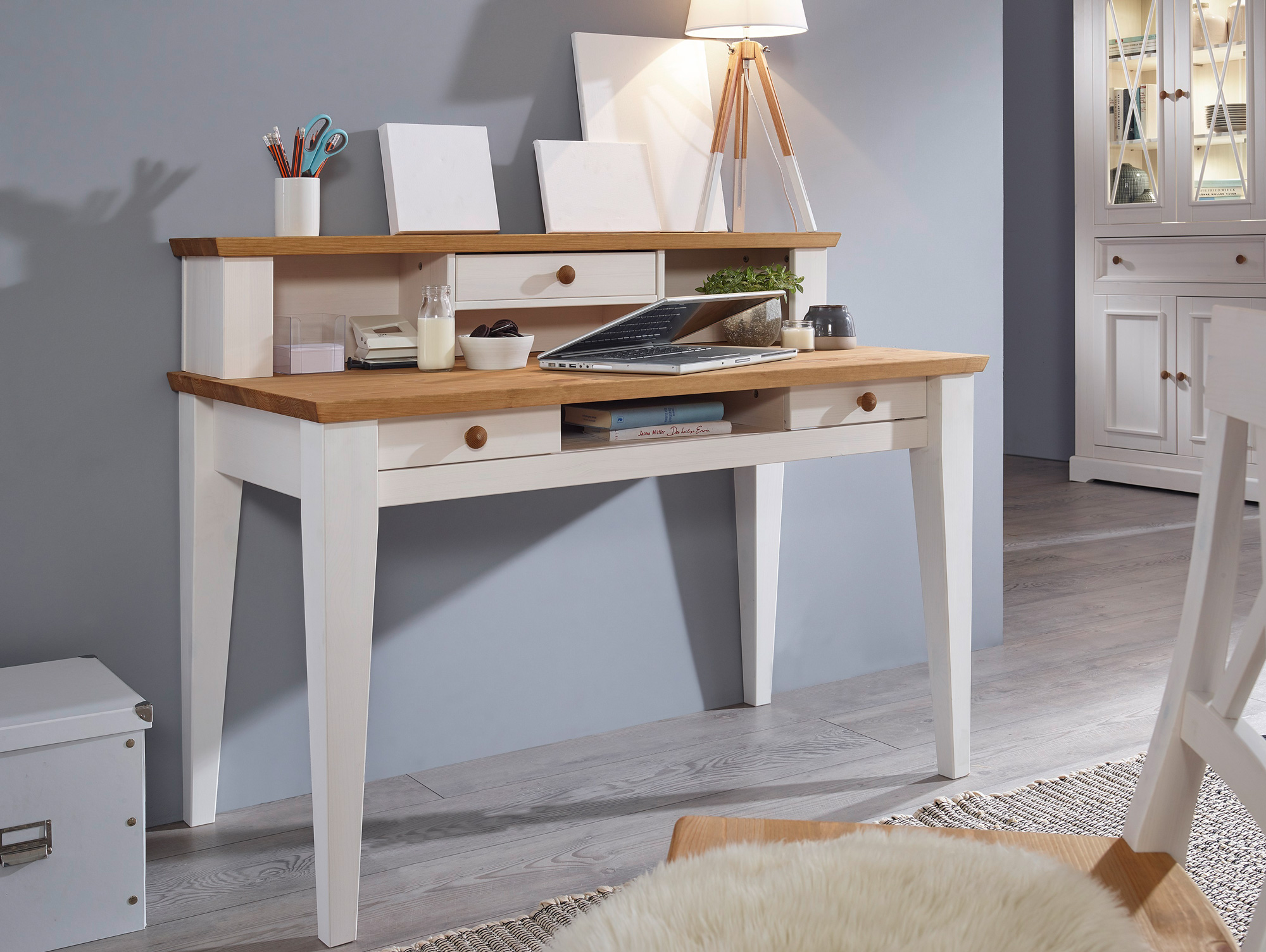 Bornholm Schreibtisch Material Massivholz Kiefer Weiss Eichefarbig